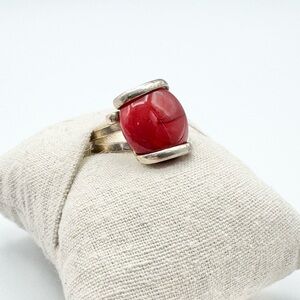 Red Coral Vintage Silver Plated Boho Ring 7